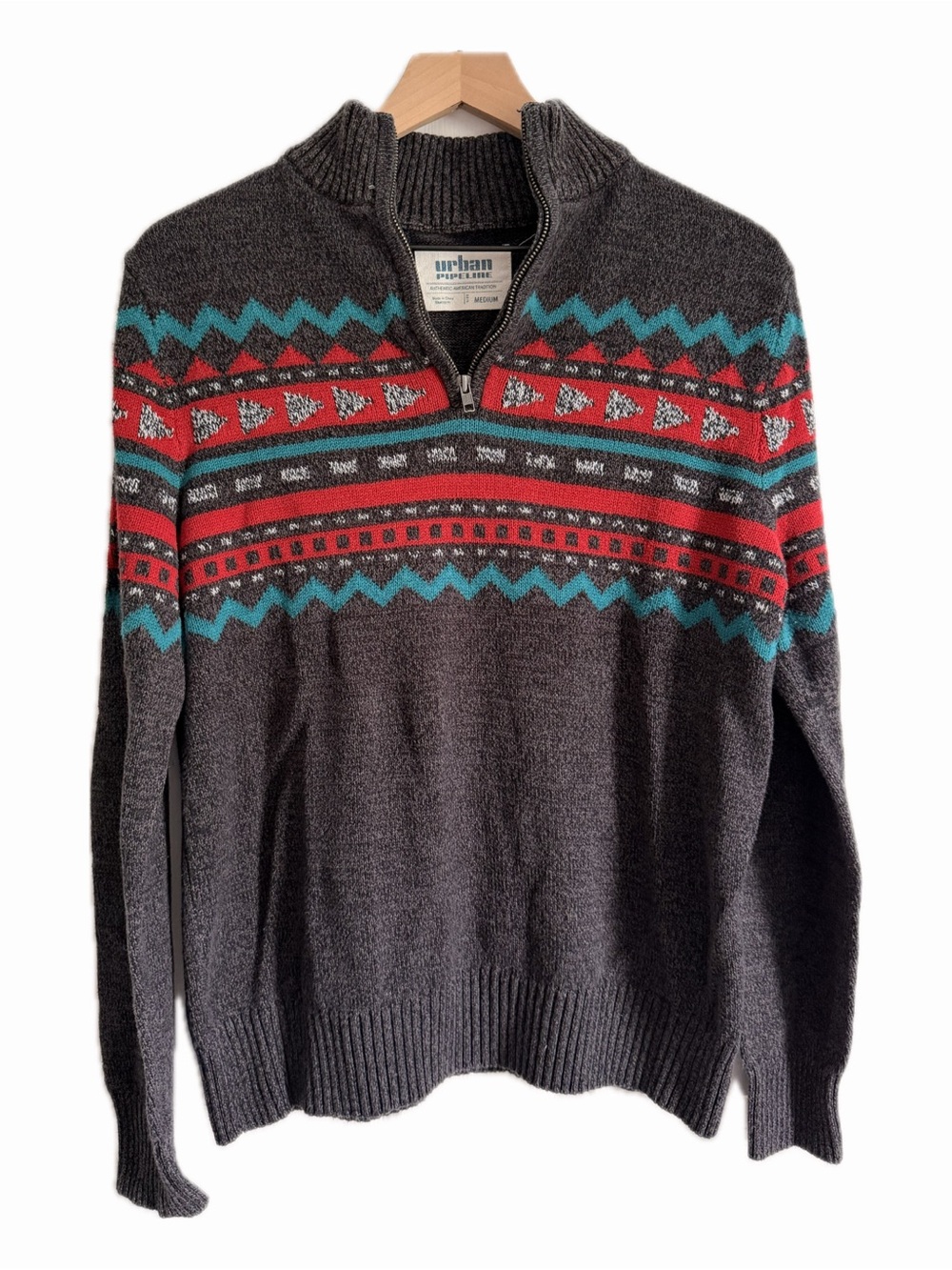 urban pipeline Charcoal Zip-Up Sweater with Red & Teal
